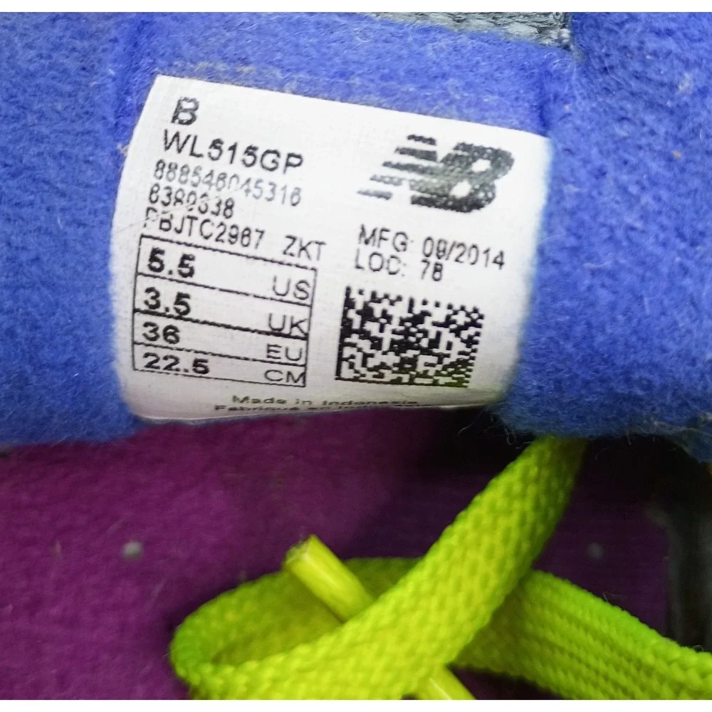 New Balance‎ 515 Kids Shoes Grey Purple Yellow Blue Sneakers WL515GP Size 5.5 US
